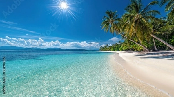 Fototapeta Exquisite Tropical Beach View with Clear Blue Water, Swaying Palm Trees, and Bright Sun in a Vibrant Sky