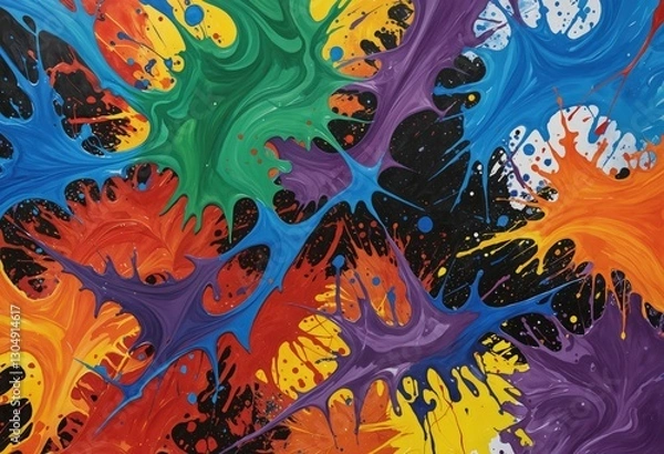 Fototapeta This abstract art piece features a chaotic, chaotic, and chaotic pattern of splashes in various colors, with a black background and a black and white color scheme