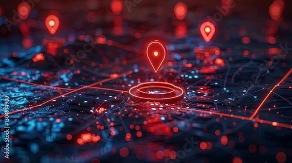 Fototapeta Illuminated digital map displaying multiple location marker symbols