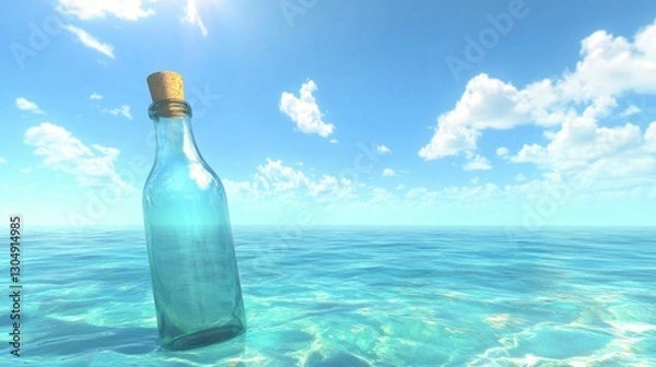 Fototapeta Glass bottle with cork floating on tranquil blue ocean beneath bright sky and fluffy white clouds during a serene summer day at sea