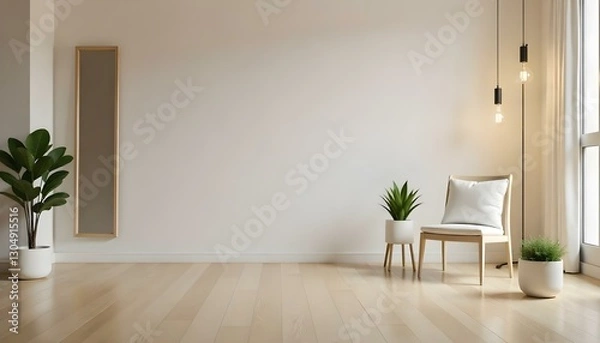 Fototapeta A plant in a white pot on a wooden stand next to a chair with a white cushion, in a room with a wooden floor