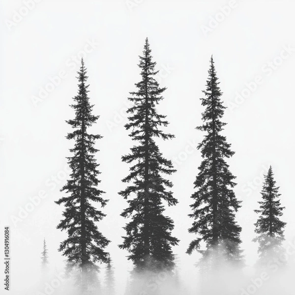 Fototapeta A monochrome background featuring a misty forest scene in black and white, with tall trees shrouded in fog creating a mysterious and atmospheric visual effect 06