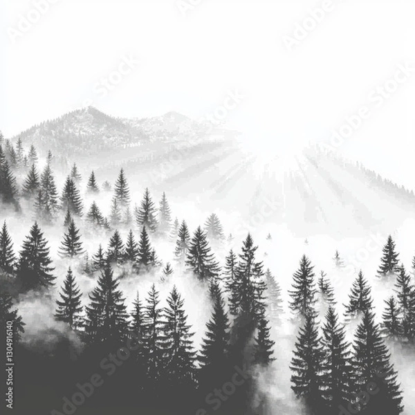 Fototapeta A monochrome background featuring a misty forest scene in black and white, with tall trees shrouded in fog creating a mysterious and atmospheric visual effect 08