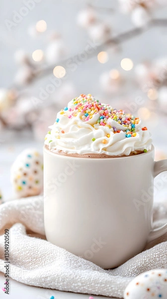 Fototapeta Cozy winter cup of hot chocolate with whipped cream and colorful sprinkles in a festive setting. Perfect for seasonal branding, warm beverage marketing, and holiday advertisements. Selective focus