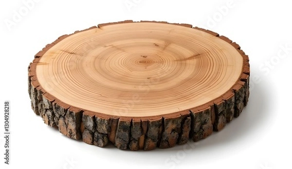 Fototapeta Wooden log stand with visible tree rings and rugged bark isolated on white background