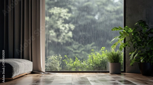 Obraz Rainy day window view scenery landscape interior inspiration backdrop wallpaper background