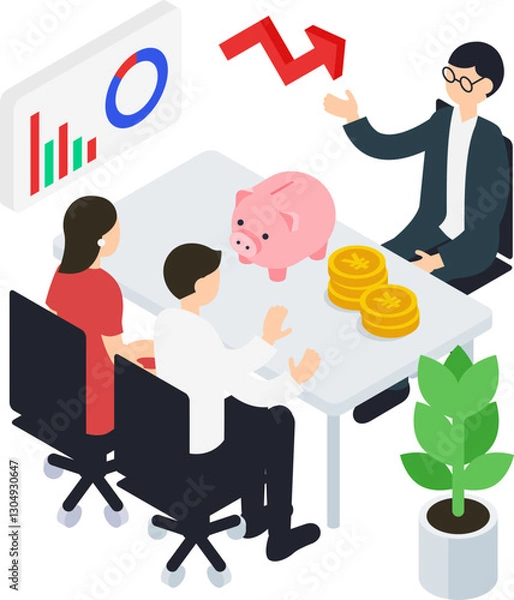 Obraz 男性のファイナンシャルプランナーと相談する夫婦のアイソメトリックイラスト