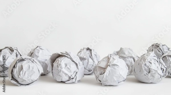 Fototapeta Crumpled paper balls forming a creative sculpture, symbolizing teamwork and innovation.