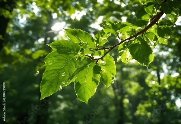 Obraz Close-up of sunlight shining through the leaves of a tree branch with raindrops.