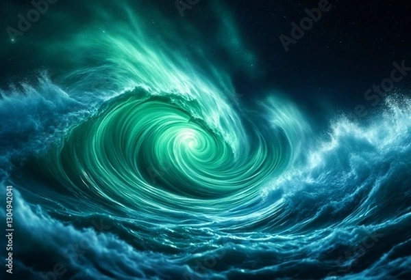 Fototapeta The Cosmic Wave: A Vibrant Swirl of Green and Blue Light Dancing Through Space.