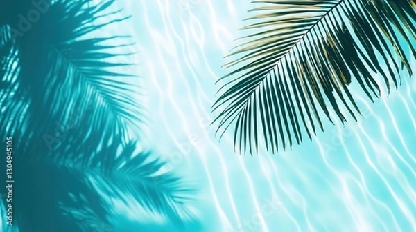 Fototapeta Rippling turquoise water surface with gentle waves and soft light. Palm leaf shadows dance on the serene tropical pool, creating a tranquil atmosphere. 