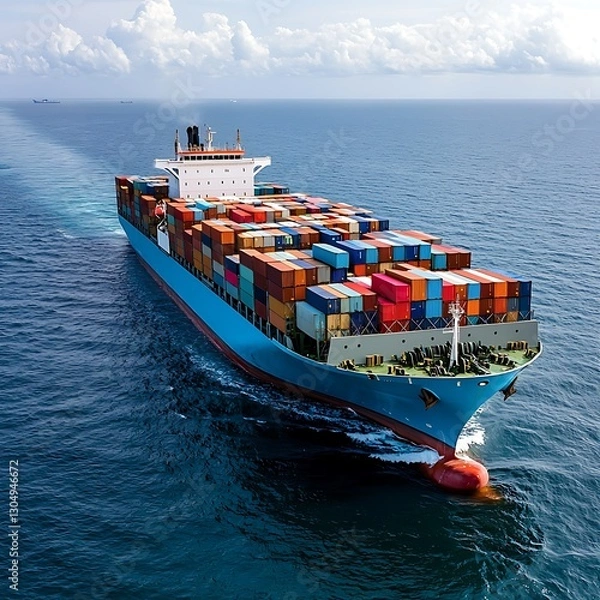 Obraz Cargo ship navigating ocean amid economic tariff fluctuation global trade routes aerial perspective