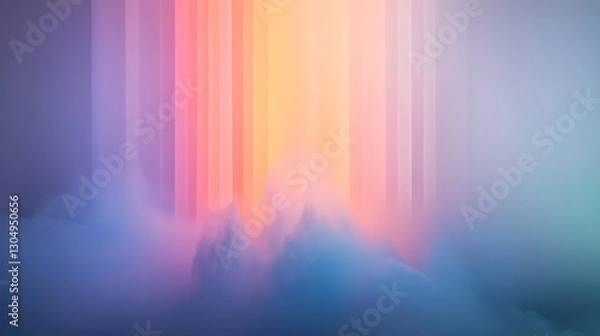 Fototapeta A mystical panorama of gently swirling fog interspersed with radiant rainbow beams, each fragment