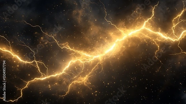 Obraz Glowing gold lightning bolt striking through dark stormy clouds.