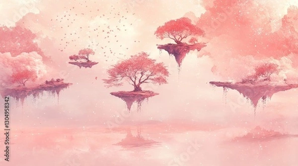 Fototapeta Watercolor islands with delicate trees petals falling onto a soft pink sky filled with light