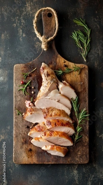 Fototapeta Sliced Roasted Chicken Breast on Rustic Wooden Board