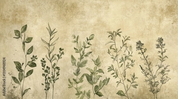 Fototapeta Botanical sketches of medieval herbs on a weathered manuscript with ink splatters