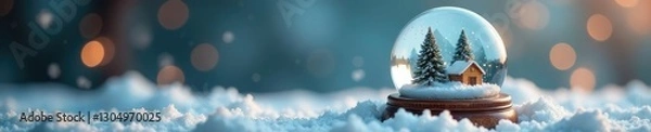 Fototapeta Tiny glass snow globe with a frosty snowy landscape, ornaments, isolated, delicate