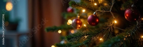 Fototapeta Twinkling string lights on a festive christmas tree, festive decorations, soft glow, string lights
