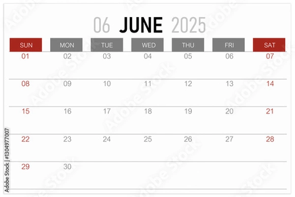 Fototapeta Calendar page for June 2025 year isolated on white background.
