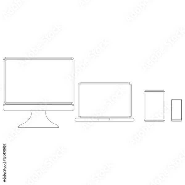 Fototapeta gadgets, monitor, set of monitors, screen.Set of display, laptop, tablet and mobile phones electronic device outline icons template