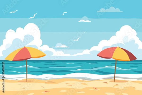 Obraz Flat design illustration of a beach scene with umbrellas, Flat style cartoon vector illustration, tourist beach with umbrellas, Summer vacations, Summer Holiday Concept With Top View Of Beach, 
