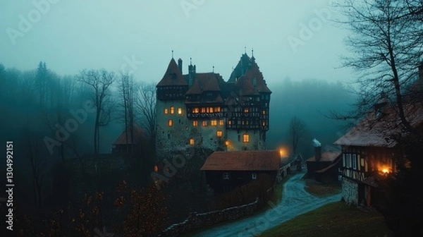 Fototapeta A hauntingly beautiful medieval castle shrouded in mist with illuminated windows surrounded by dark forest