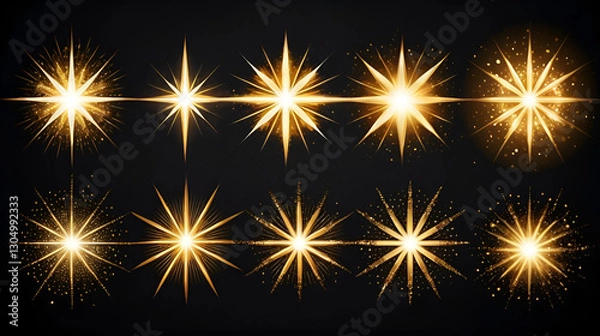 Fototapeta Set. Shining star, the sun particles and sparks with a highlight effect, golden bokeh lights glitter and sequins. On a dark background transparent. Vector, EPS10
