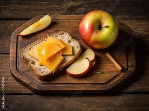 Obraz Healthy Eating with Artisanal Bread and Cheddar Cheese on Wooden Board - A Delicious Autumn Snack