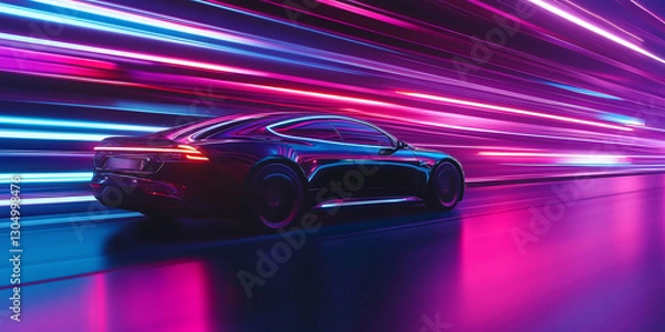 Fototapeta Night Rider: Sleek car speeding through a neon-lit cityscape, streaks of vibrant colors blur into a tunnel of speed. Automotive motion in a cyberpunk glow.