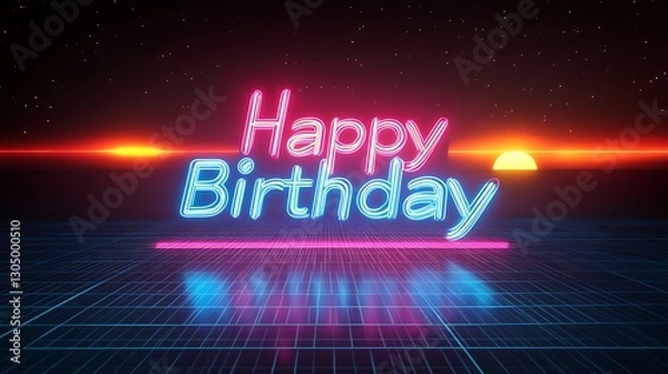 Fototapeta Happy Birthday graffiti styled in 80s synthwave fashion, with neon blue and pink glowing letters, set against a dark backdrop with a vibrant neon grid floor and a glowing sunset on the horizon,