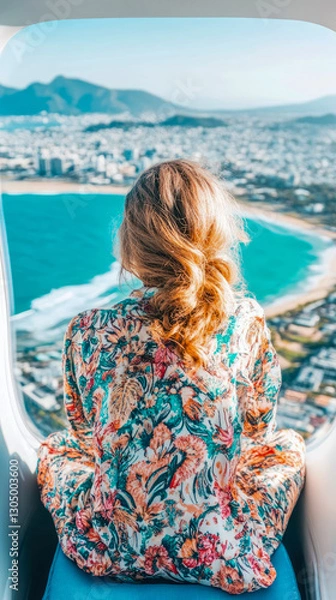 Fototapeta Coastal escape: A serene view from above, woman contemplates the beautiful landscape, design for vacation blog or a travel-themed website.