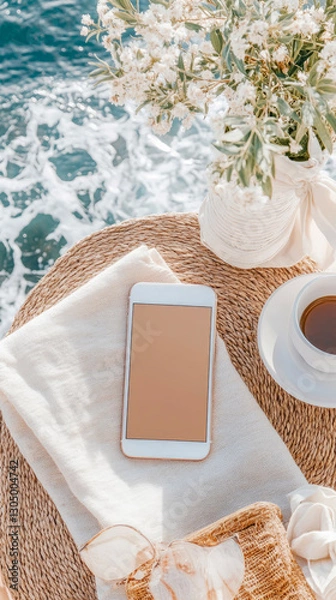 Obraz Summer Holiday: Mobile Device Display on Rattan Table with Sea View, Coffee, and Flowers - For Social Media Post