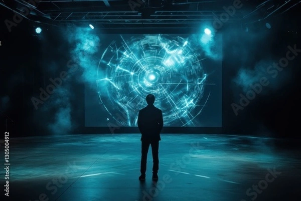 Fototapeta Individual observes stunning digital visuals during an immersive art installation at a modern venue in the evening