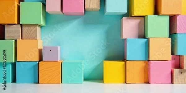 Fototapeta A vibrant arrangement of colorful wooden blocks forms a frame around a pastel background, creating a playful and versatile image ideal for various design projects.