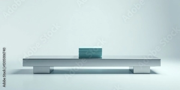 Obraz Minimalist Composition A Stack of Pale Blue Rectangular Objects Centered on a Sleek, Metallic Platform