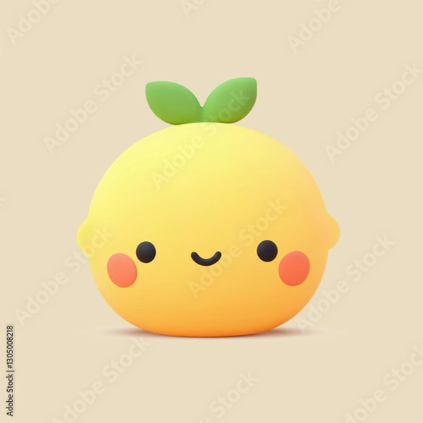 Fototapeta A cute yellow lemon with green leaves and a smiling face on beige background