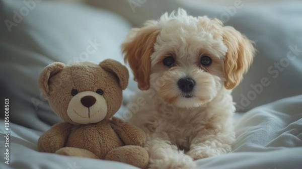 Fototapeta Adorable puppy with fluffy fur lying on a soft white blanket next to a brown teddy bear friend in a cozy room