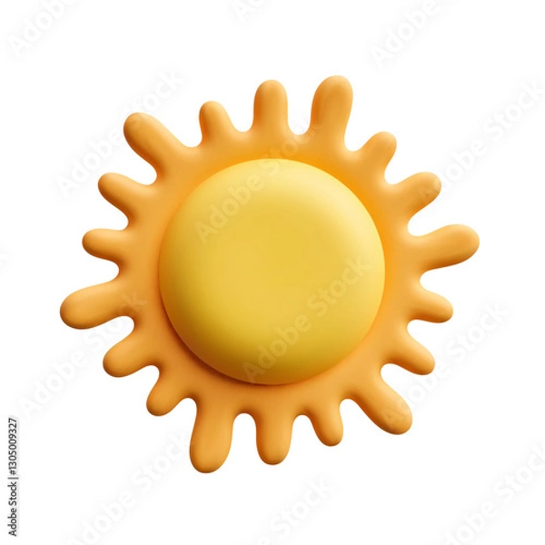 Fototapeta Yellow sun with rounded rays and glossy texture isolated on white background in cartoonish summer theme