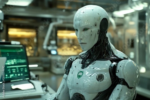 Fototapeta Advanced robotic humanoid interacting with technology in a futuristic lab environment