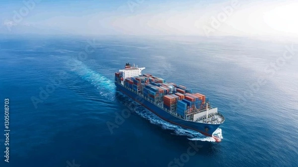 Fototapeta Immense cargo ship traversing the expansive ocean on clear day large