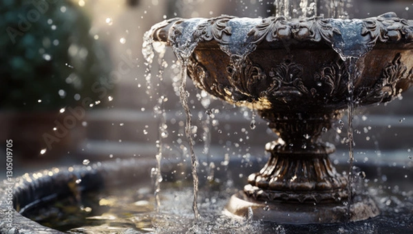 Fototapeta Water flows gracefully from the intricately designed spout of a decorative fountain, creating a calming atmosphere in a serene garden during daylight