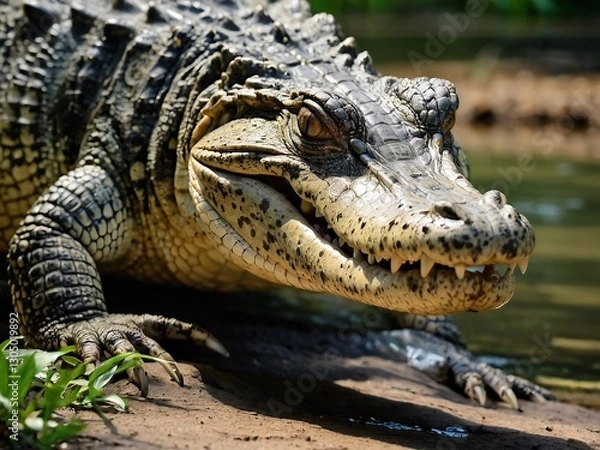 Obraz Close-Up of a Dangerous Crocodile in Its Natural Habitat: Wildlife Reptile Predator in Tropical Coastal Ecosystem