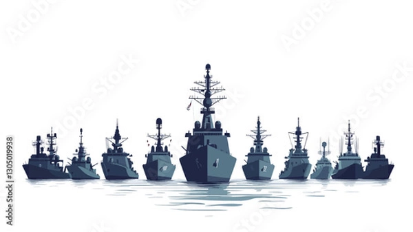 Fototapeta A digital illustration depicting a fleet of warships in profile view against a white background. The ships are rendered in shades of dark blue, creating a silhouette effect.  The central
