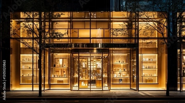 Fototapeta Luxurious Boutique Store Front at Night, Golden Facade and Illuminated Display Windows