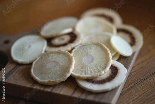 Fototapeta A Wooden Cutting Board With Sliced Mushrooms on Top of It - Generative AI