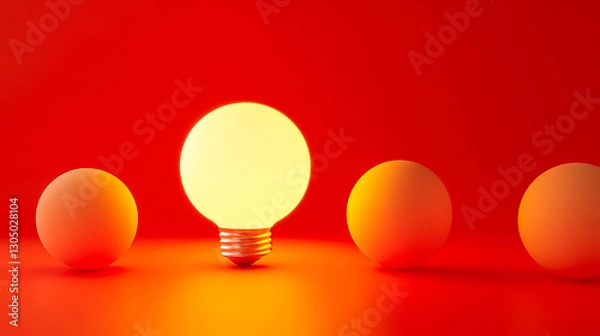 Fototapeta Red Easter egg with a ribbon glowing in a 3D space with a yellow sunset reflection and abstract sky elements
