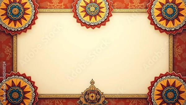 Fototapeta Buddha eyes and mandala patterns border frame with sacred copy space for Vesak concept as Serene Buddha eyes and intricate mandala patterns framing sacred space for Vesak messages in  Photo Stock  Con