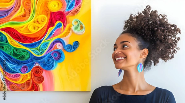 Fototapeta A curly-haired woman beams as she admires vibrant abstract art full of color swirls