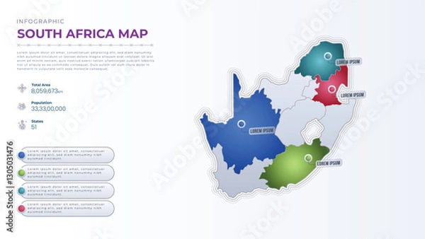 Fototapeta Total Area, Papulation, States & More Detailed Infographic Map of South Africa. South Africa country map infographic colored vector template with regions and pointer marks.